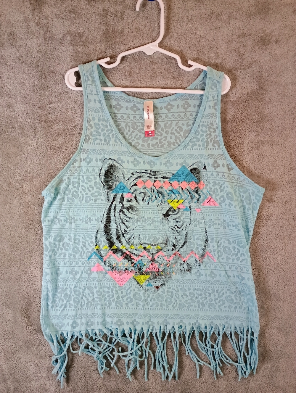 No Boundaries Teal Tiger Graphic Fringe Tank Top Girls 7-9